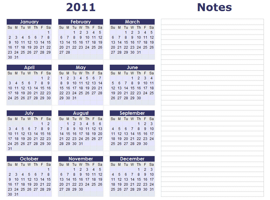 2011 Printable One Page Excel Calendar Template