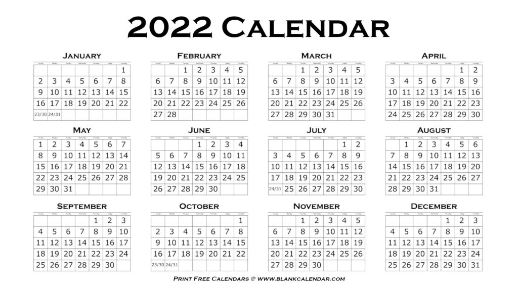 Printable 2022 Calendar – Full Year – Blank Calendar