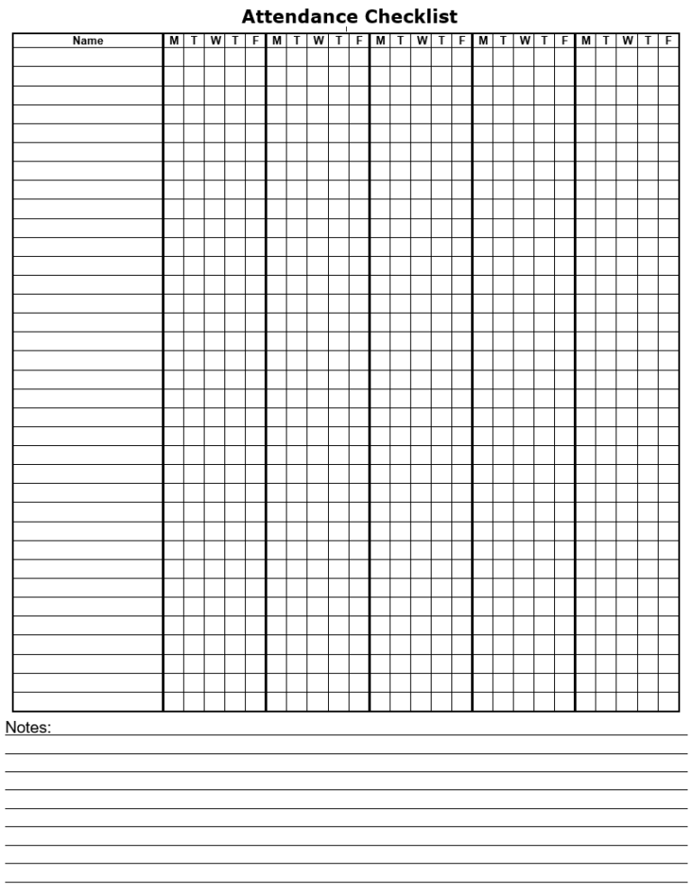 Attendance Checklist Calendar – Blank Calendar