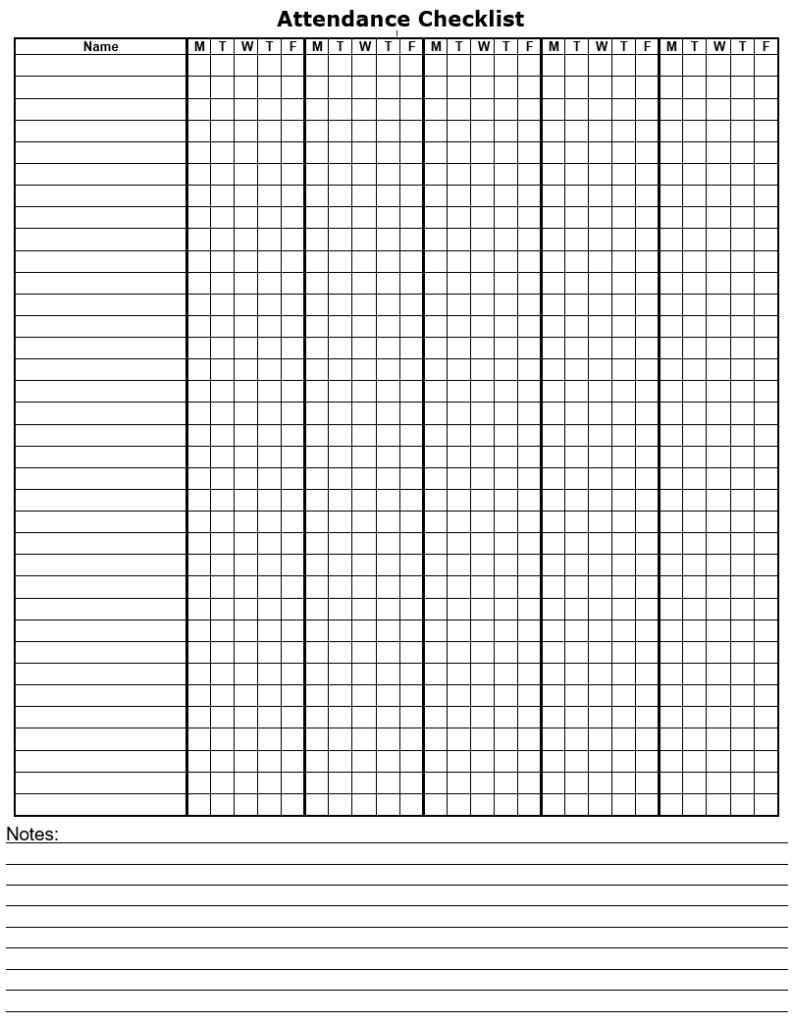 Attendance Checklist Calendar – Blank Calendar