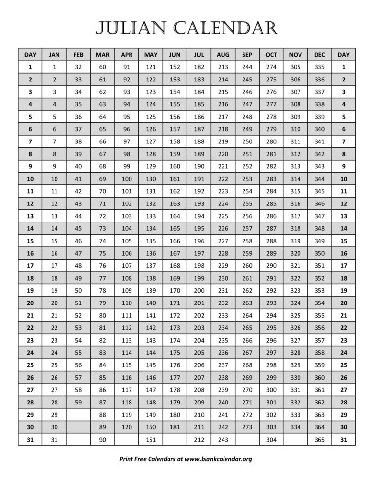 Julian Calendar Blank Calendar