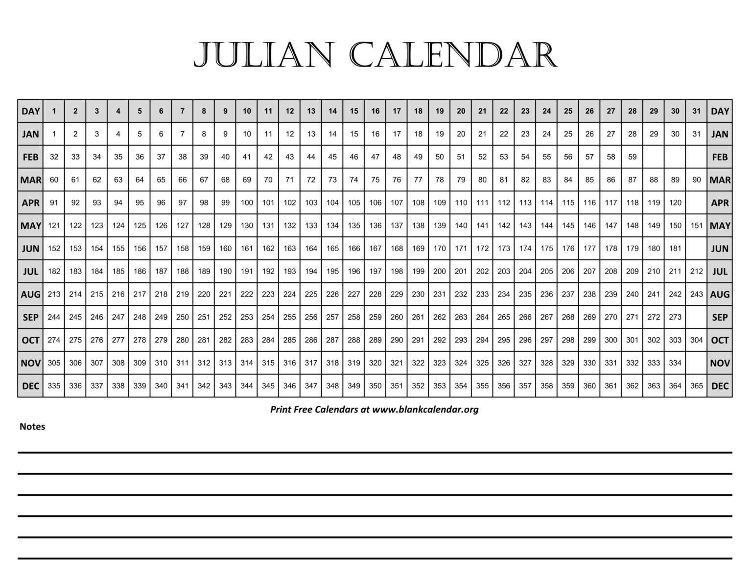 Julian Calendar Blank Calendar
