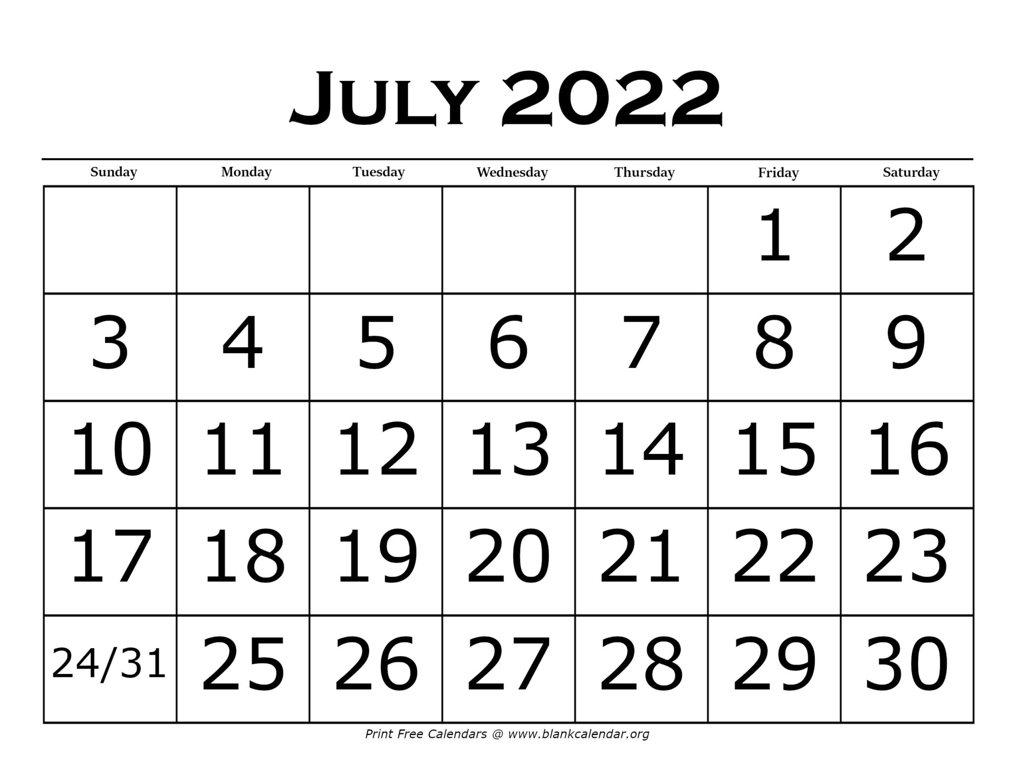 Printable July Calendars – Blank Calendar