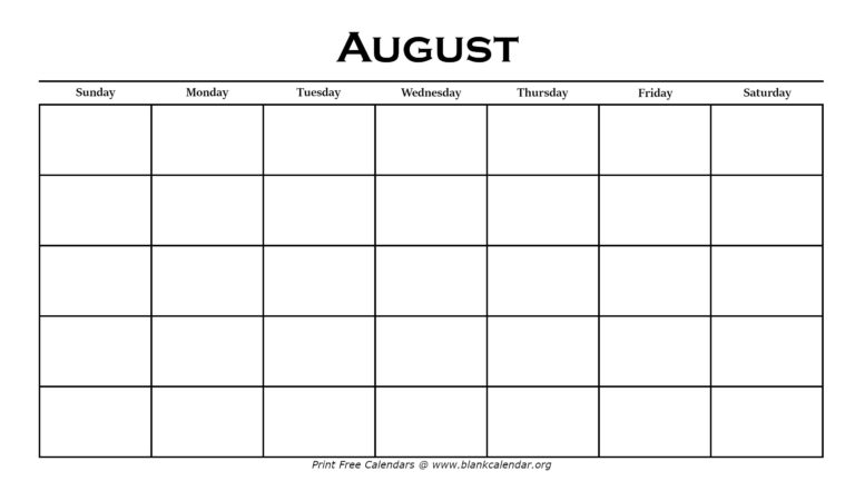 Printable August Calendars – Blank Calendar